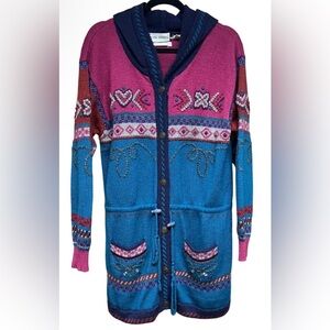 John Henry 100% Wool Hand Loomed Embroidered Hooded Cardigan Sweater Size Small